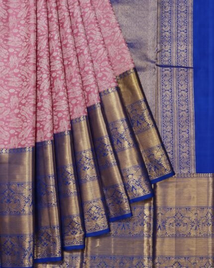 Purple Kanchipuram Silk Saree with Kili, Yanai, and Mayil Motifs