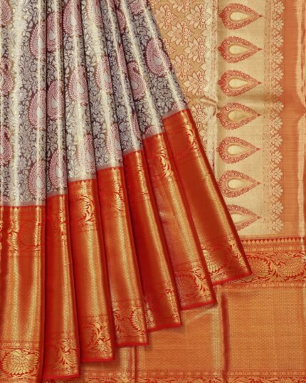 Blue Kanchipuram Silk Saree with Floral Zari and Red Pallu  Regular price