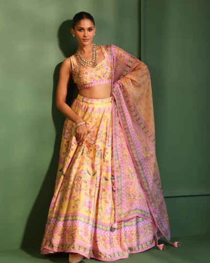 Satin Printed Jhanak Yellow Lehenga