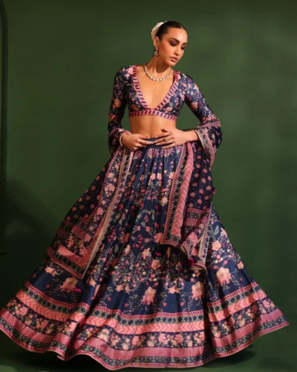 Cupro Satin Printed Jhanak Navy Lehenga