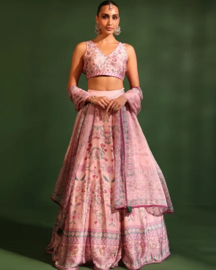 Cupro Satin Printed Jhanak Pink Lehenga