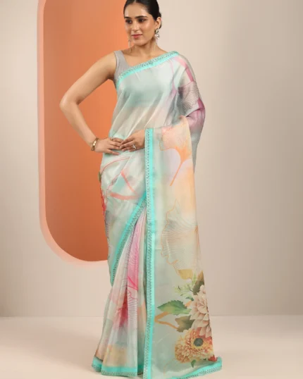 Multi Printed Organza Saree With Unstitched Blouse Piece