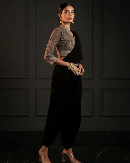 Art Black Embroidered Georgette Dhoti Saree