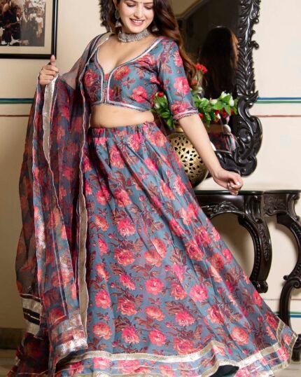 Grey Chanderi Floral Printed Flared Lehenga Set