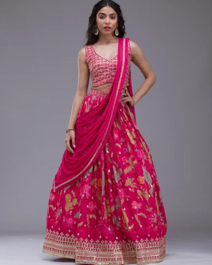 Rani Pink Sequins Georgette Readymade Lehenga