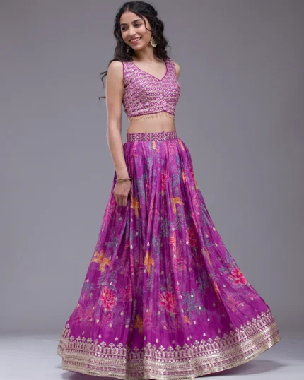 Wine Sequins Georgette Readymade Lehenga