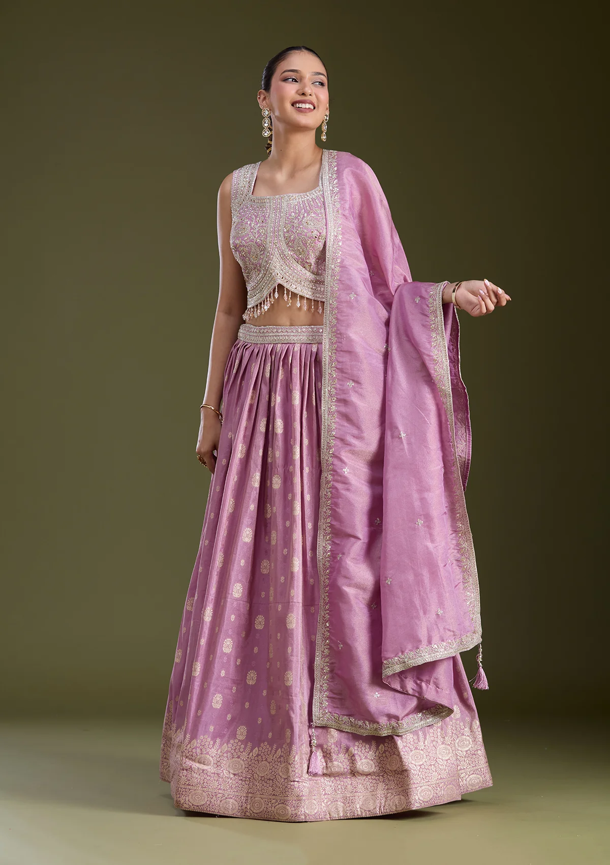 Lavender Sequins Banarasi Readymade Lehenga - Image 2