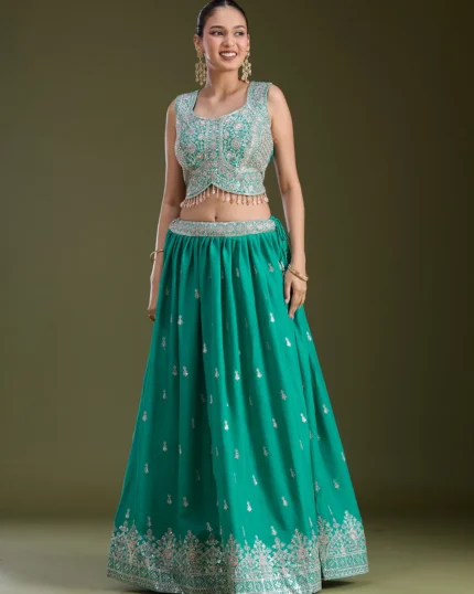 Sea Green Zariwork (Silver) Soft Raw Silk Readymade Lehenga