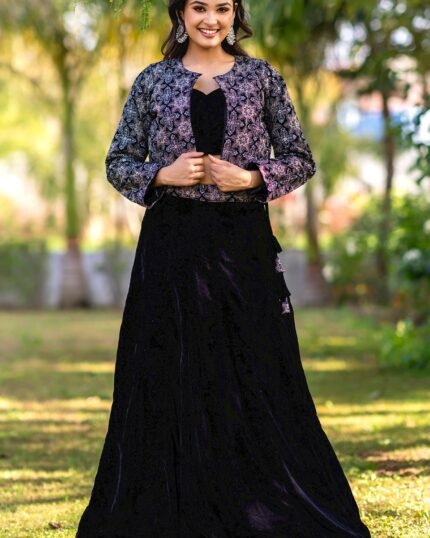 Black Velvet Embellished Jacket Lehenga Set
