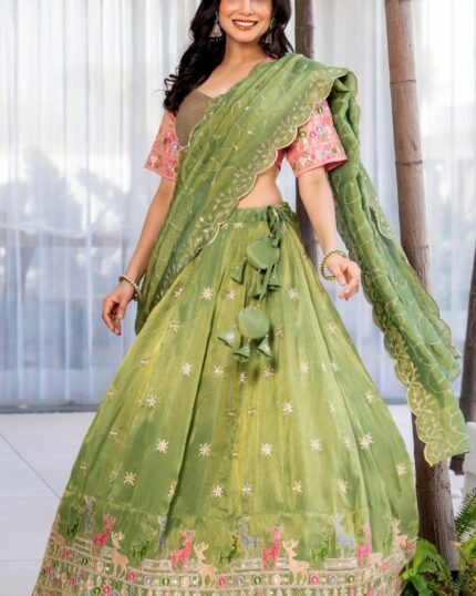 Green Tissue Floral Embroidered Lehenga Set