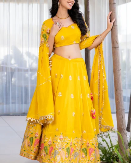 Yellow Tissue Zari & Floral Embroidered Lehenga Set
