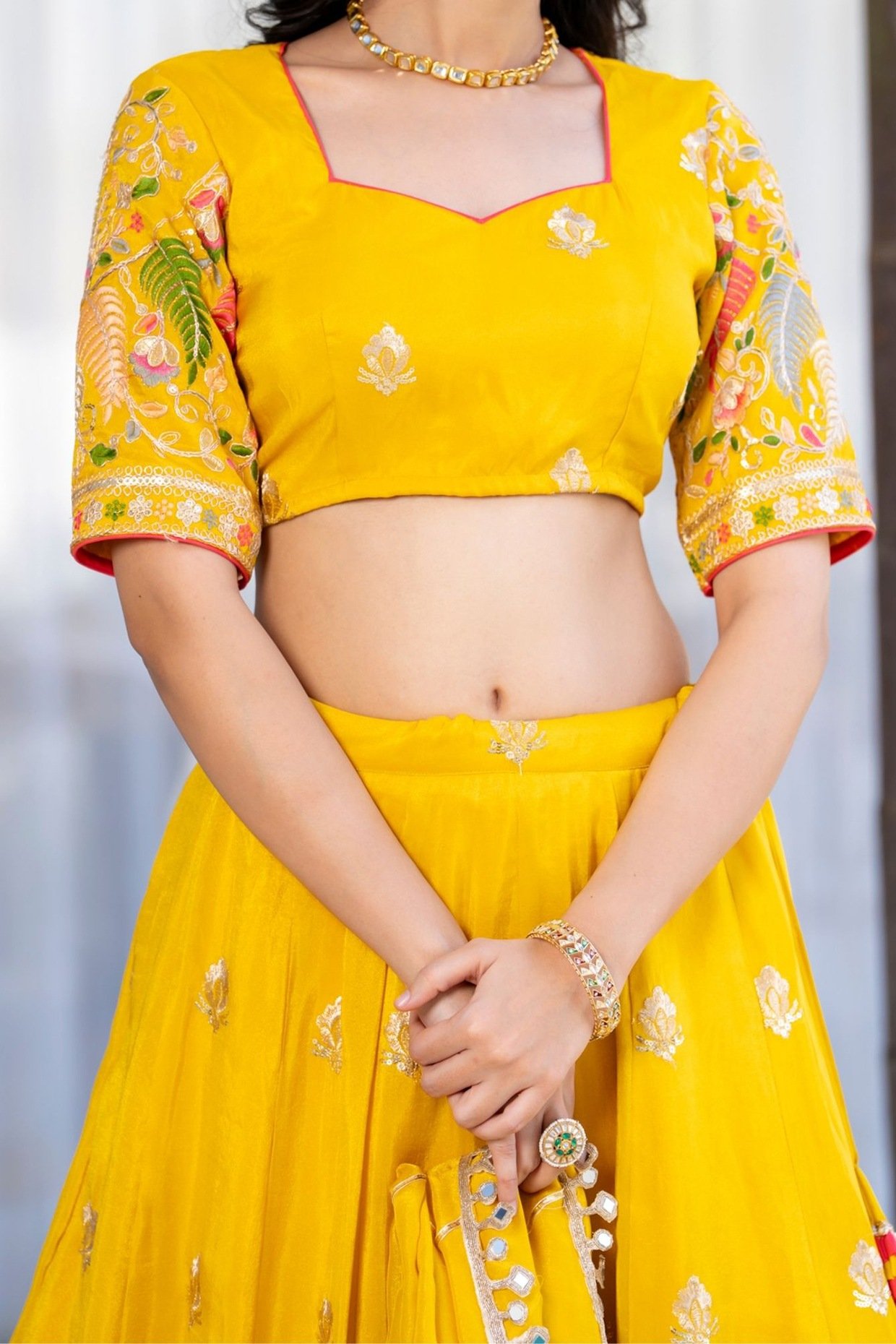 Yellow Tissue Zari & Floral Embroidered Lehenga Set - Image 4