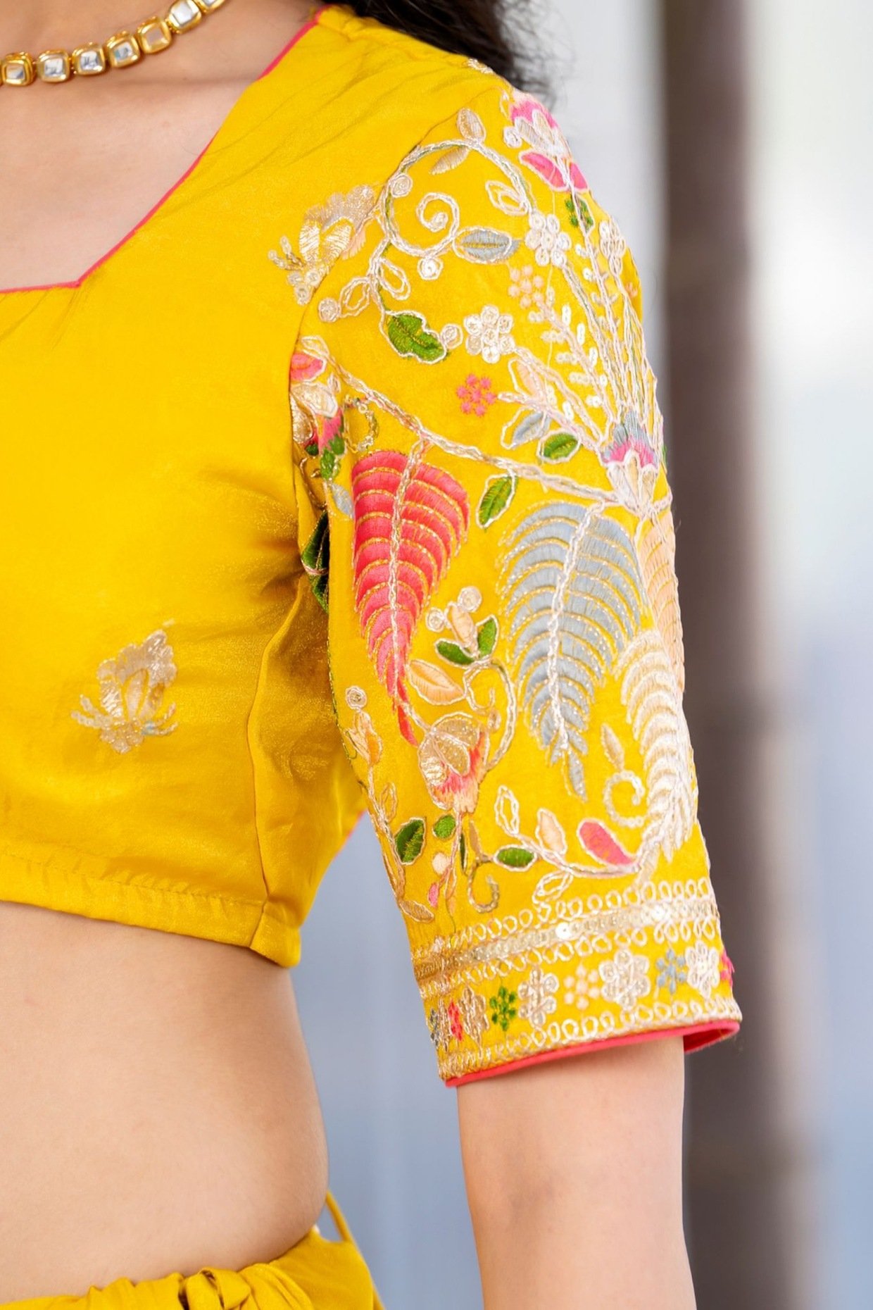Yellow Tissue Zari & Floral Embroidered Lehenga Set - Image 5