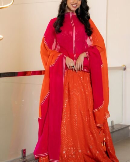 Orange Muslin & Organza Embellished Lehenga Set