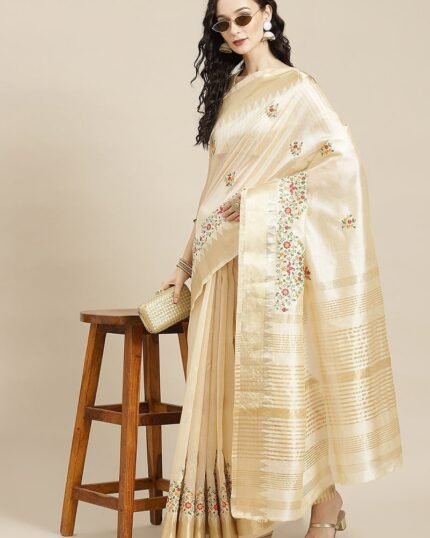 Assam Cotton Silk Thread Embroidered Work Temple Contrast Border Saree Festive Wear