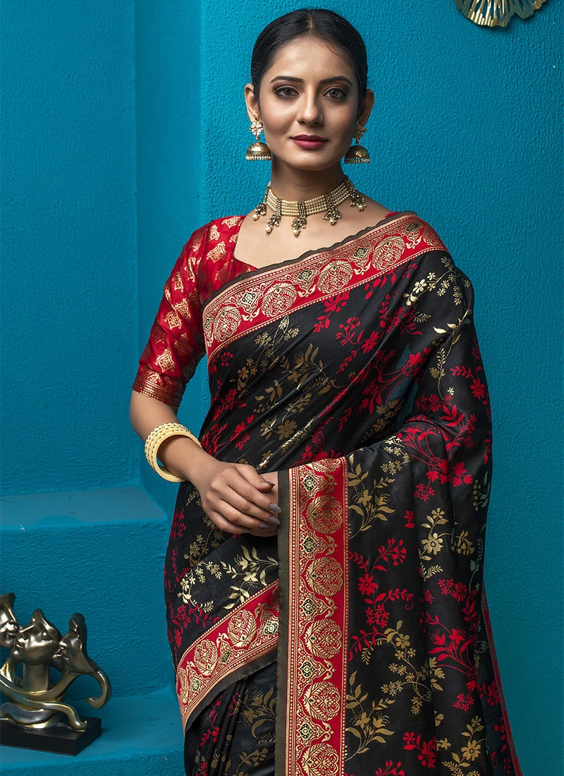 Black Banarasi Silk Jacquard Woven Traditional Saree Festive Wear - Image 2