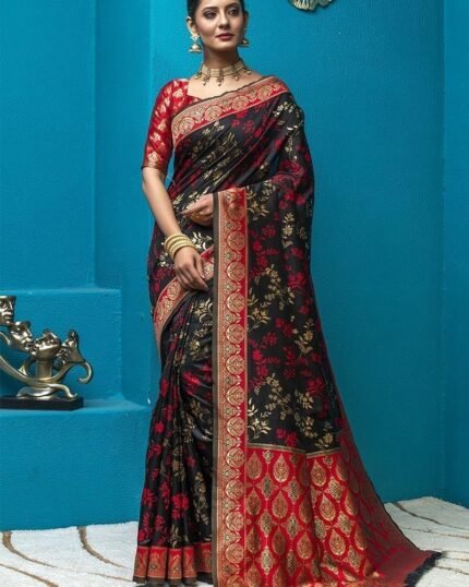 Black Banarasi Silk Jacquard Woven Traditional Saree Festive Wear