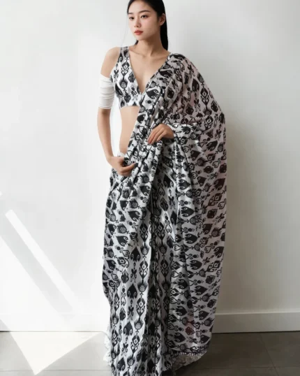 Black Chinon Digital Print Pre Draped Saree After Six Wear