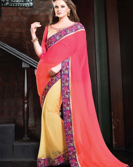 Cream N Pink Half N Half Saree Party Wear