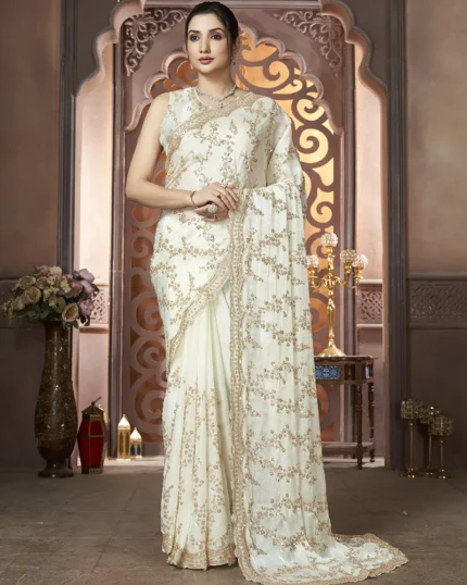 Cream Organza Hand Embroidered Sequins Beads Work Saree Wedding Wear