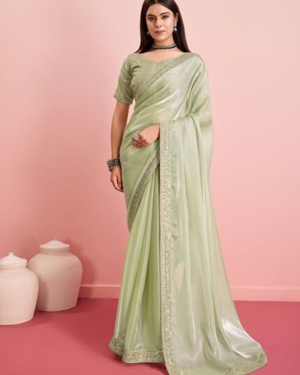 Green Organza Embroidered Sequins Border Saree For Women Party Wear