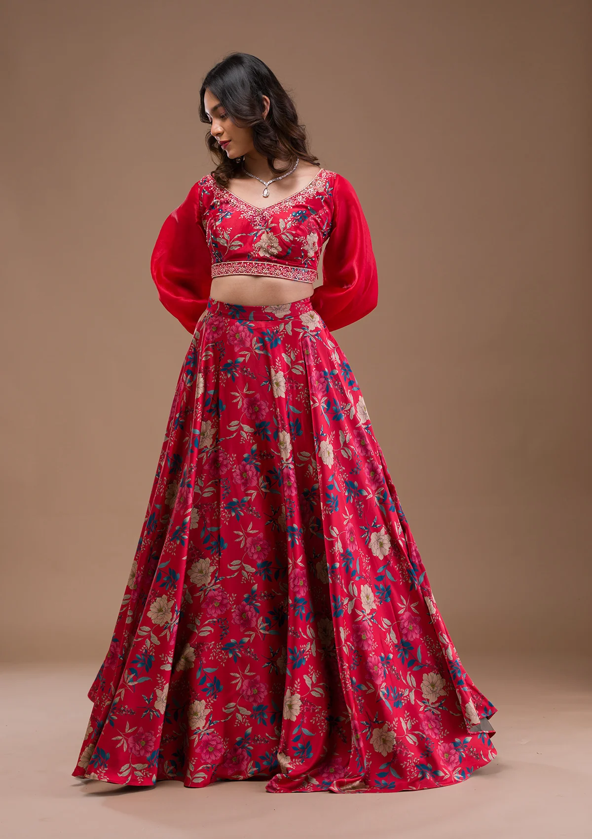 Red Print Satin Readymade Lehenga - Image 2