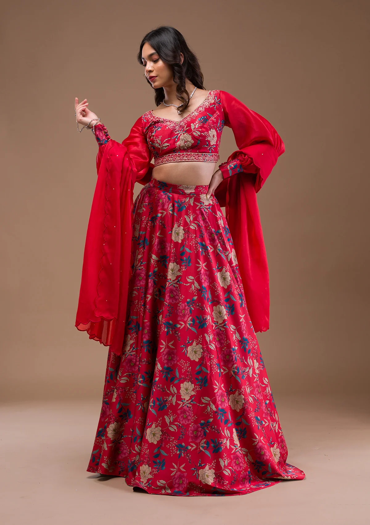 Red Print Satin Readymade Lehenga - Image 5