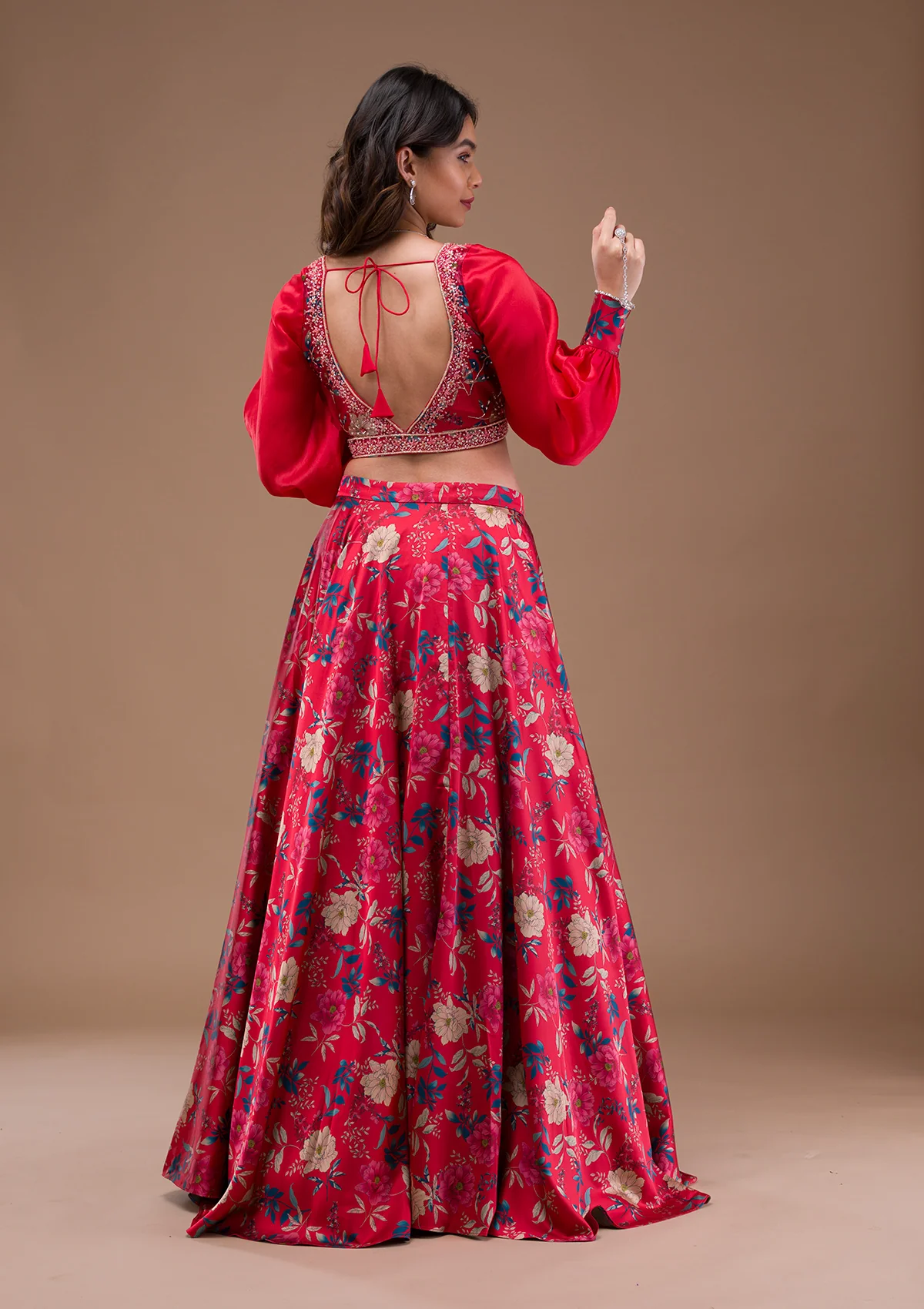 Red Print Satin Readymade Lehenga - Image 7