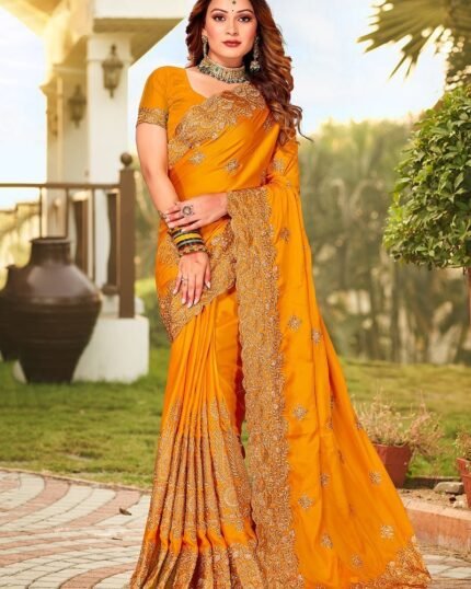 Mustard Satin Blend Embroidered Saree Party Wear