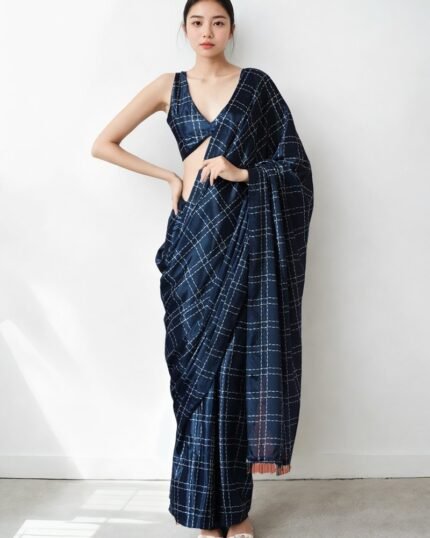 Navy Blue Chinon Digital Print Pre Draped Saree After Six Wear