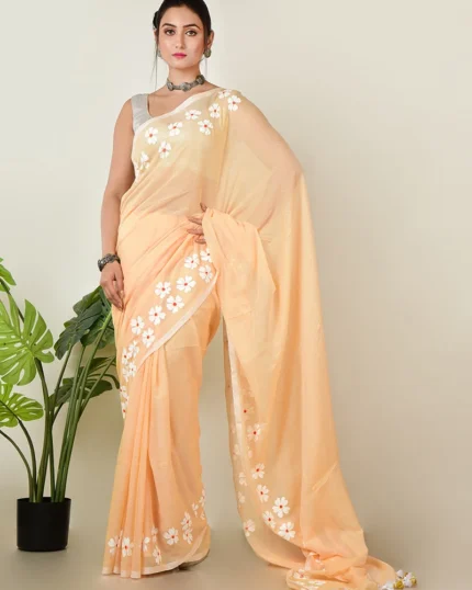 Peach Cotton Hand Painted Saree After Six Wear