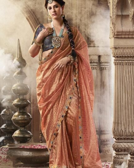 Peach Tissue Jacquard Zari Saree Festive Wear