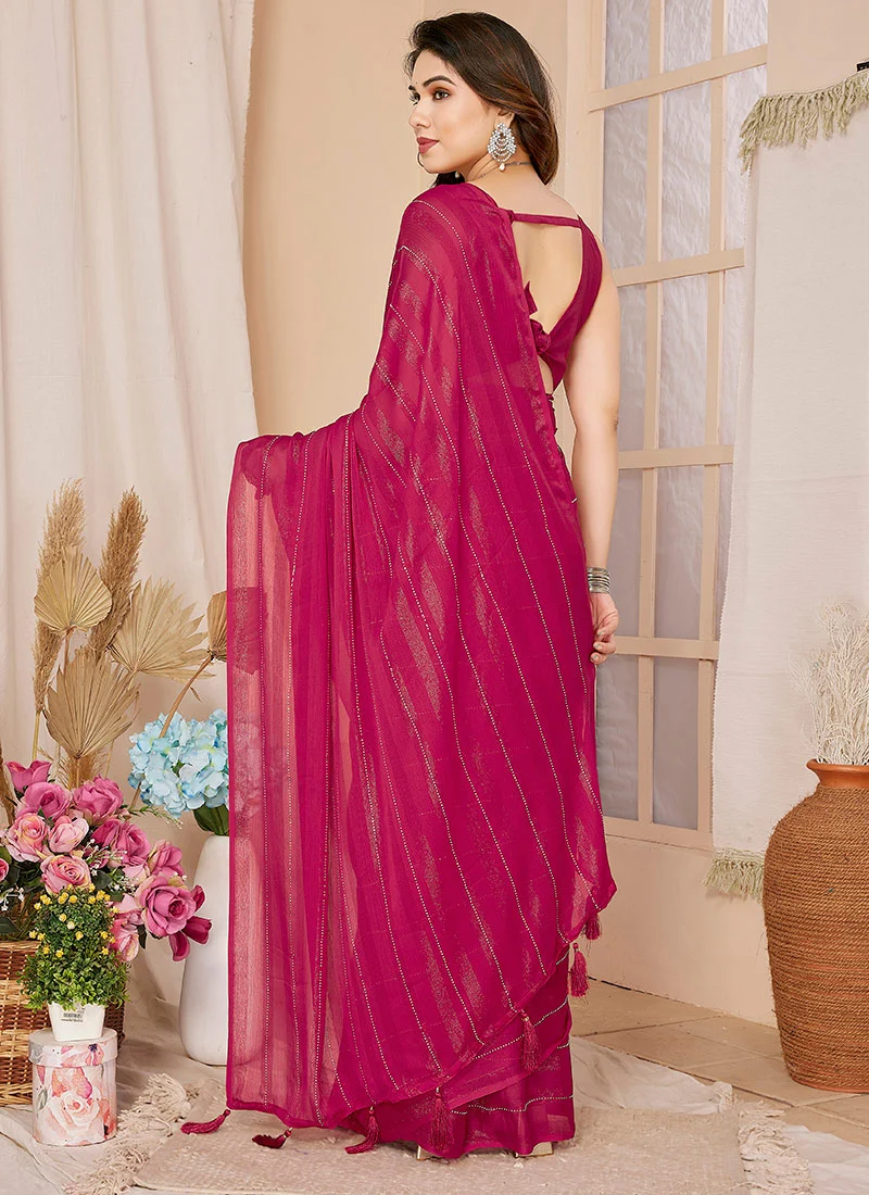 Wine Georgette Stone Embossed Pre Draped Elegant Saree With Blouse Party Wear - Image 8