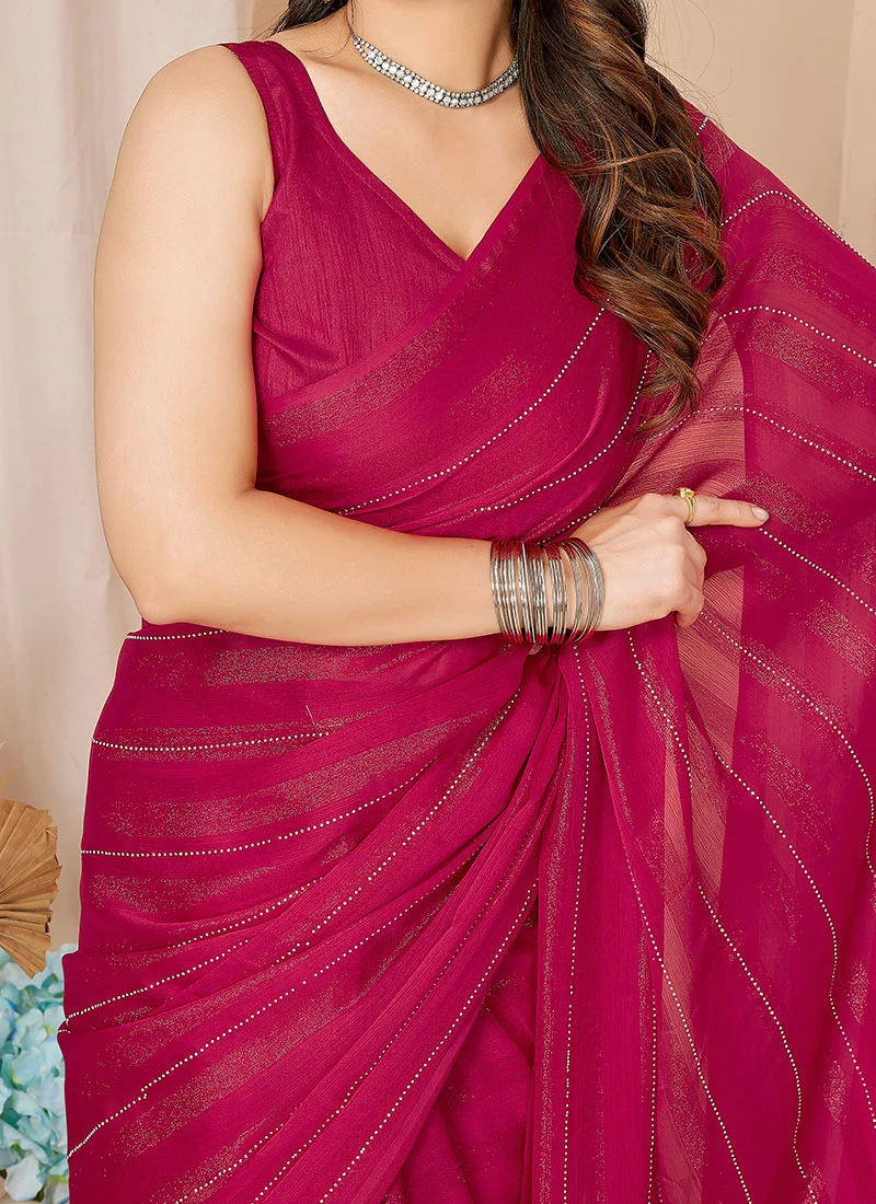 Wine Georgette Stone Embossed Pre Draped Elegant Saree With Blouse Party Wear - Image 9