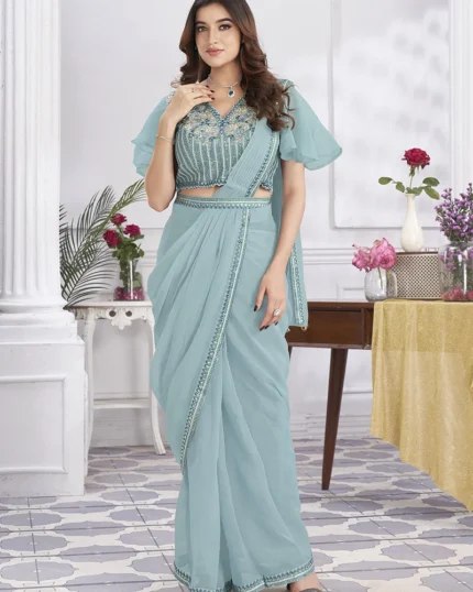 Powder Blue Georgette Embroidered Sequins Pre Draped Elegant Saree Party Wear
