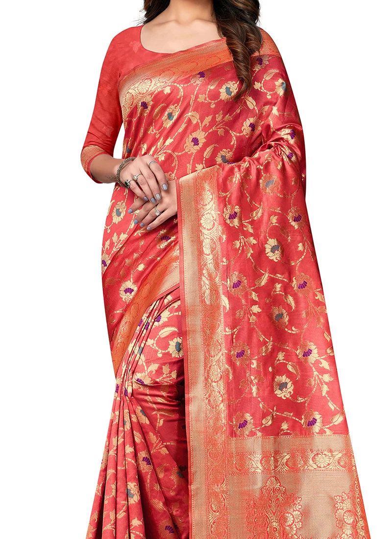 Red Banarasi Silk Zari Weaving Work Saree Festive Wear - Image 3