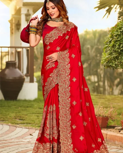 Red Satin Blend Embroidered Saree Party Wear