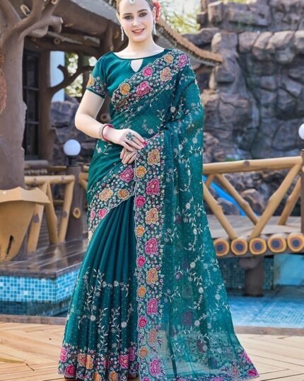 Floral Embroidered Sequins Stone Embossed Saree Festive Wear