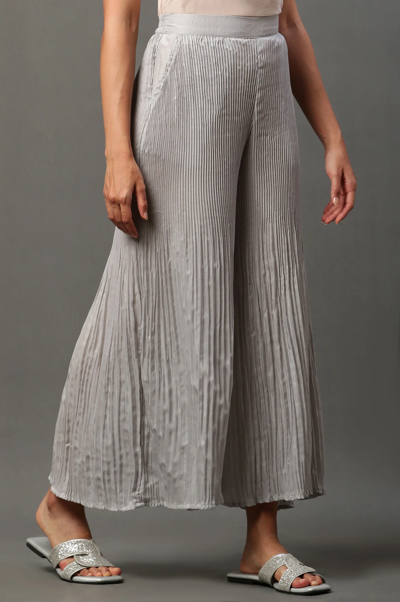 Silver Solid Flared Woven Sharara With Pleats - Image 5
