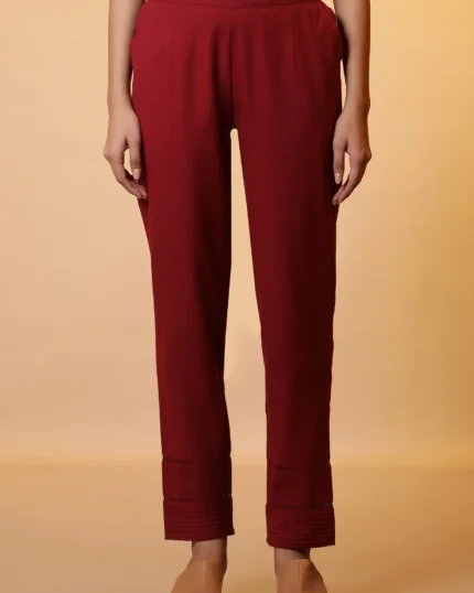 Maroon Lace Insert Pintuck Trousers