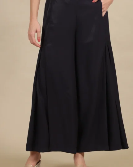 Black Solid Flared Rayon Palazzo With Pleats