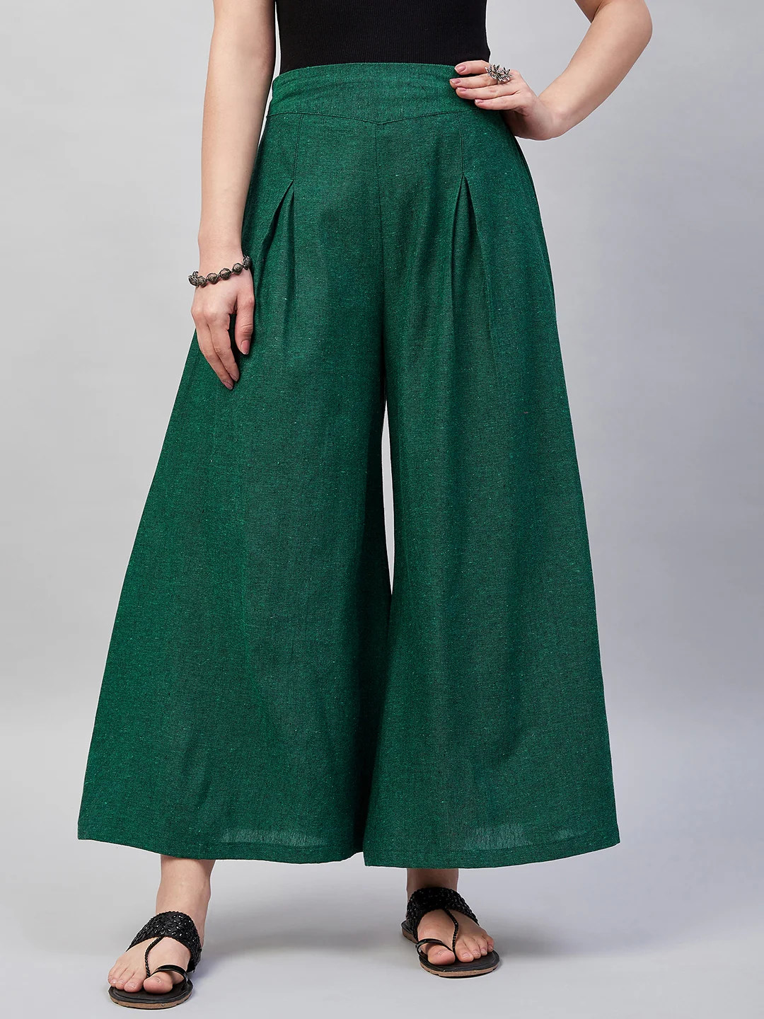 Bottle Green Smart Casual Handloom Palazzo - Image 2