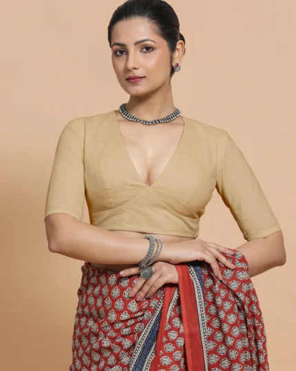 Malika x Rozaana | Deep Neck Saree Blouse in Ecru Beige Linen