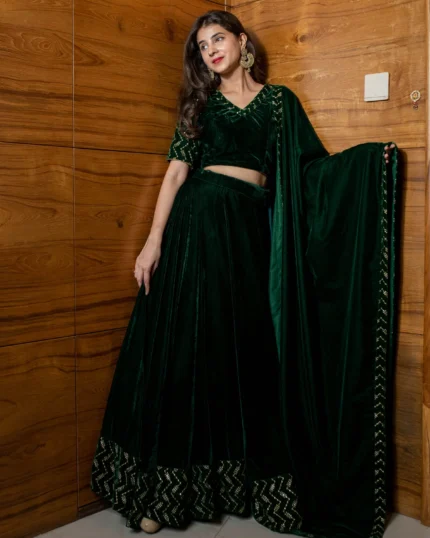 Bottle Green Sequin And Zari Work Velvet Lehenga