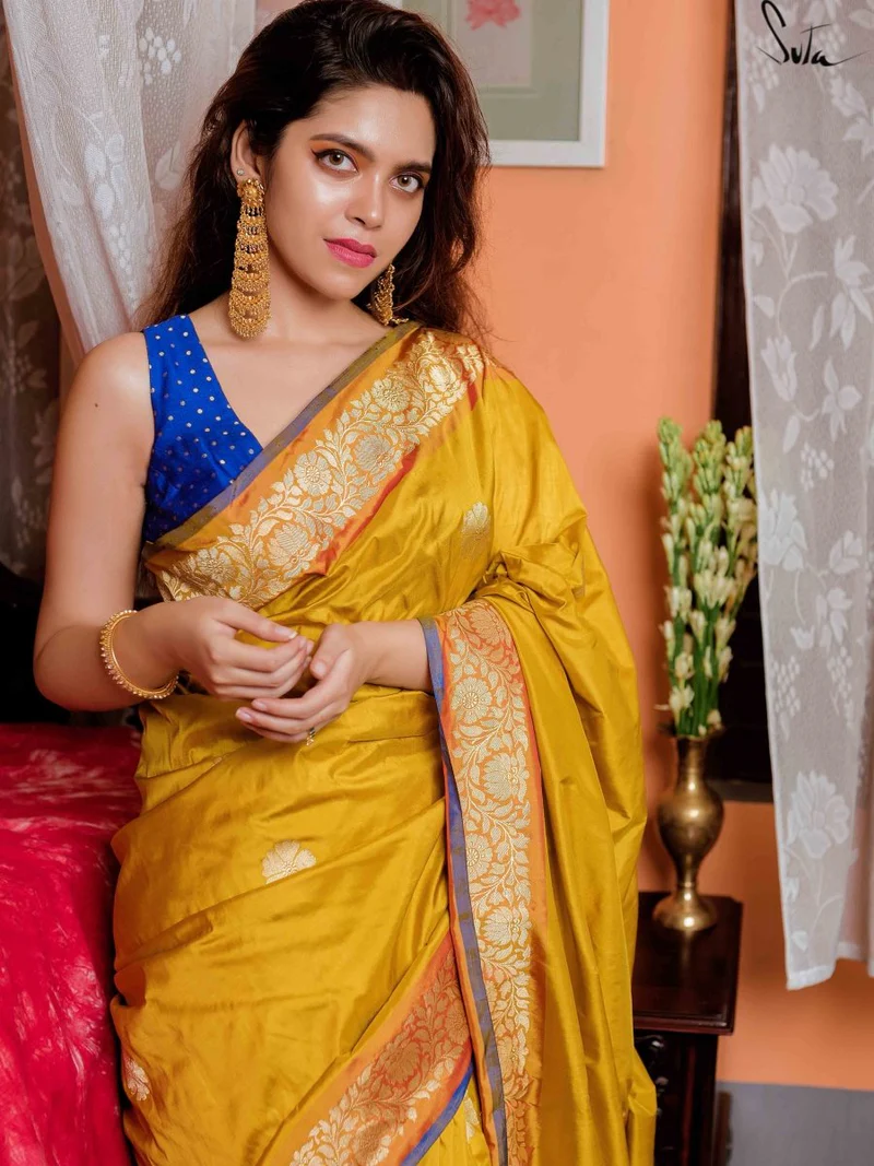 Blue Silk Sleeveless V Neck Benarasi Blouse - Image 6