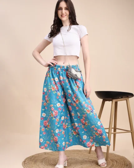 Women Flared Light Blue Viscose Rayon Palazzos