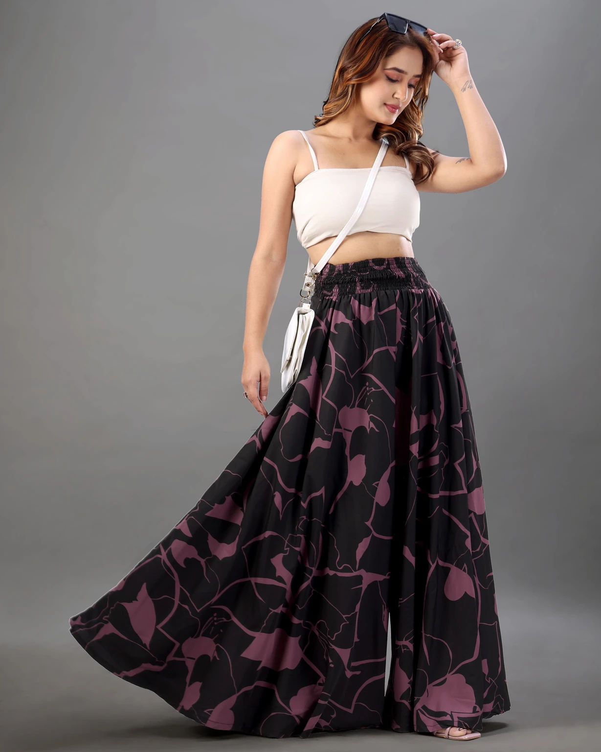 Women Flared Printed Black Viscose Rayon Palazzos
