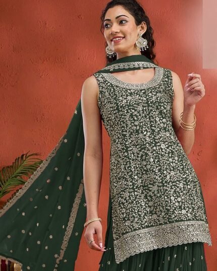Green Georgette Embroidered Sequin Palazzo Set Festive Wear