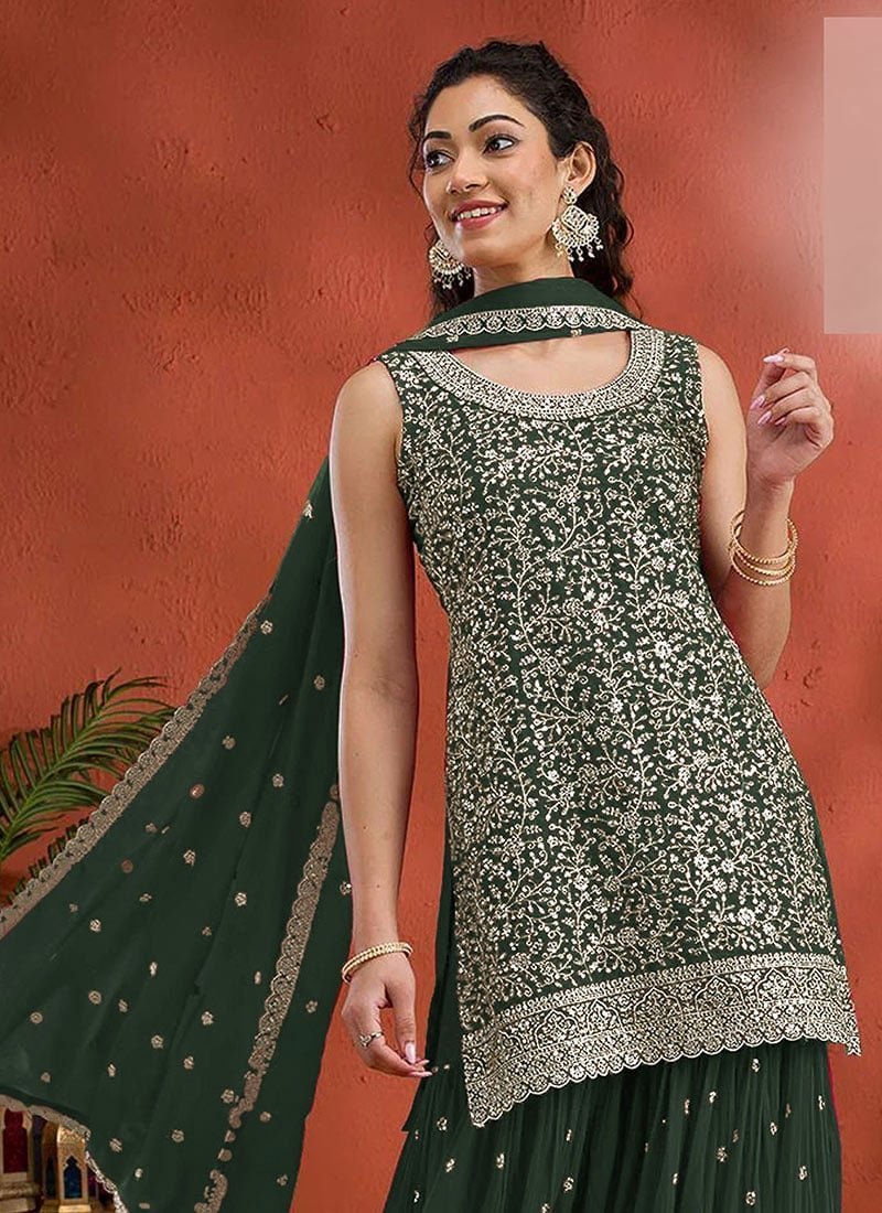 Red Georgette Embroidered Sequin Palazzo Set Festive Wear - Image 2