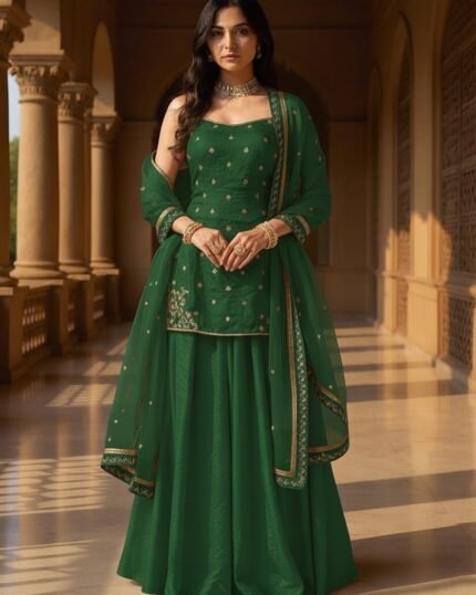 Green Organza Sequins Moti Hand Embroidered Palazzo Suit Festive Wear